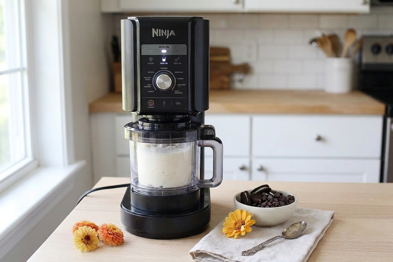 A Ninja Creami machine on a kitchen counter with the pint installed, ready for the mix-in setting