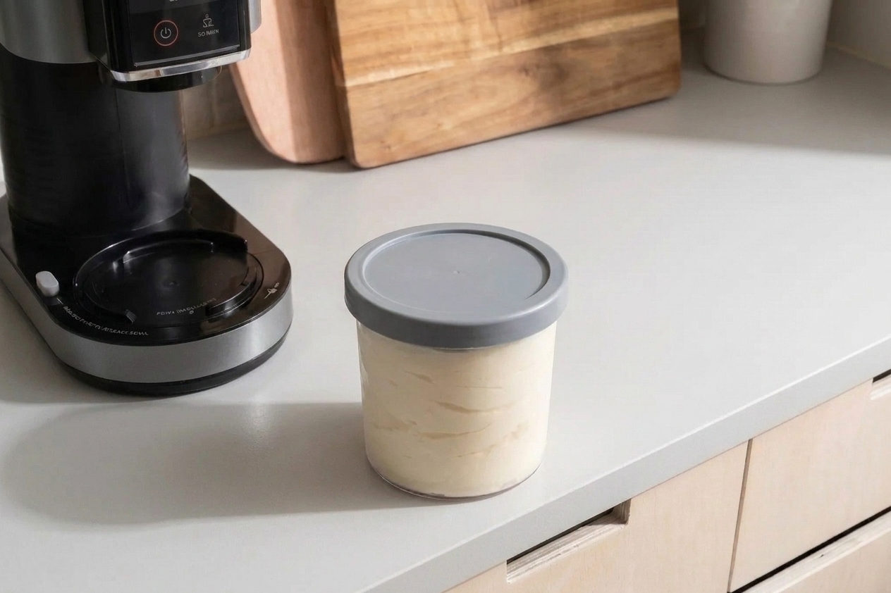 A Ninja Creami pint with a smoothed flat top of vanilla ice cream and the lid placed on, sitting on a kitchen counter ready to go back into the freezer