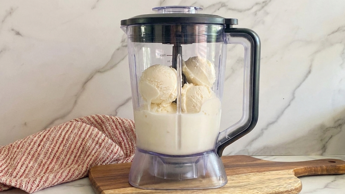 A Ninja blender pitcher on a kitchen counter filled with milk and scoops of vanilla ice cream, ready to blend