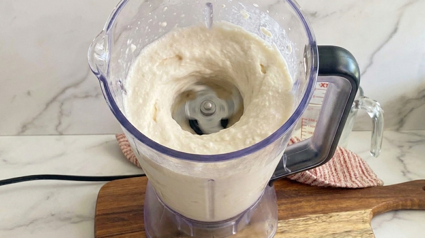 A Ninja blender running on a kitchen counter as a thick, frosty milkshake mixture swirls inside the pitcher