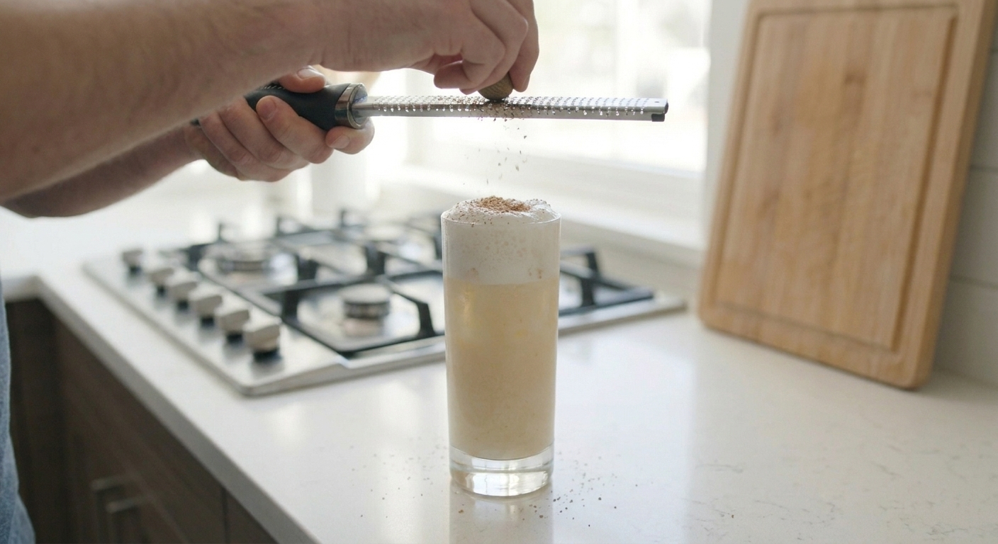 A Painkiller cocktail in a tall glass as fresh nutmeg is grated over the foamy top with a microplane