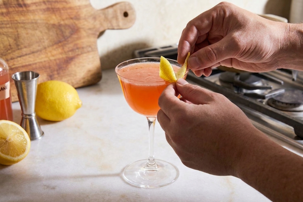 A Paper Plane cocktail being garnished with a fresh lemon twist over a coupe glass on a kitchen counter