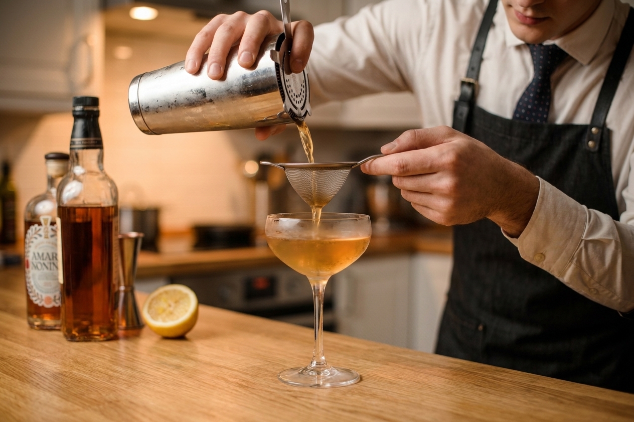 A Paper Plane cocktail being strained from a shaker into a chilled coupe glass on a kitchen counter