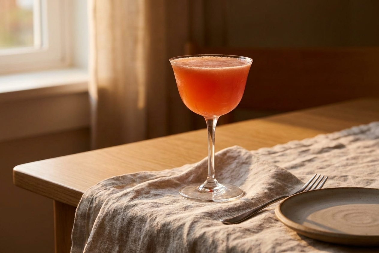 A Paper Plane cocktail in a coupe glass on a simple dinner table setting with a linen napkin and a small plate in soft evening light