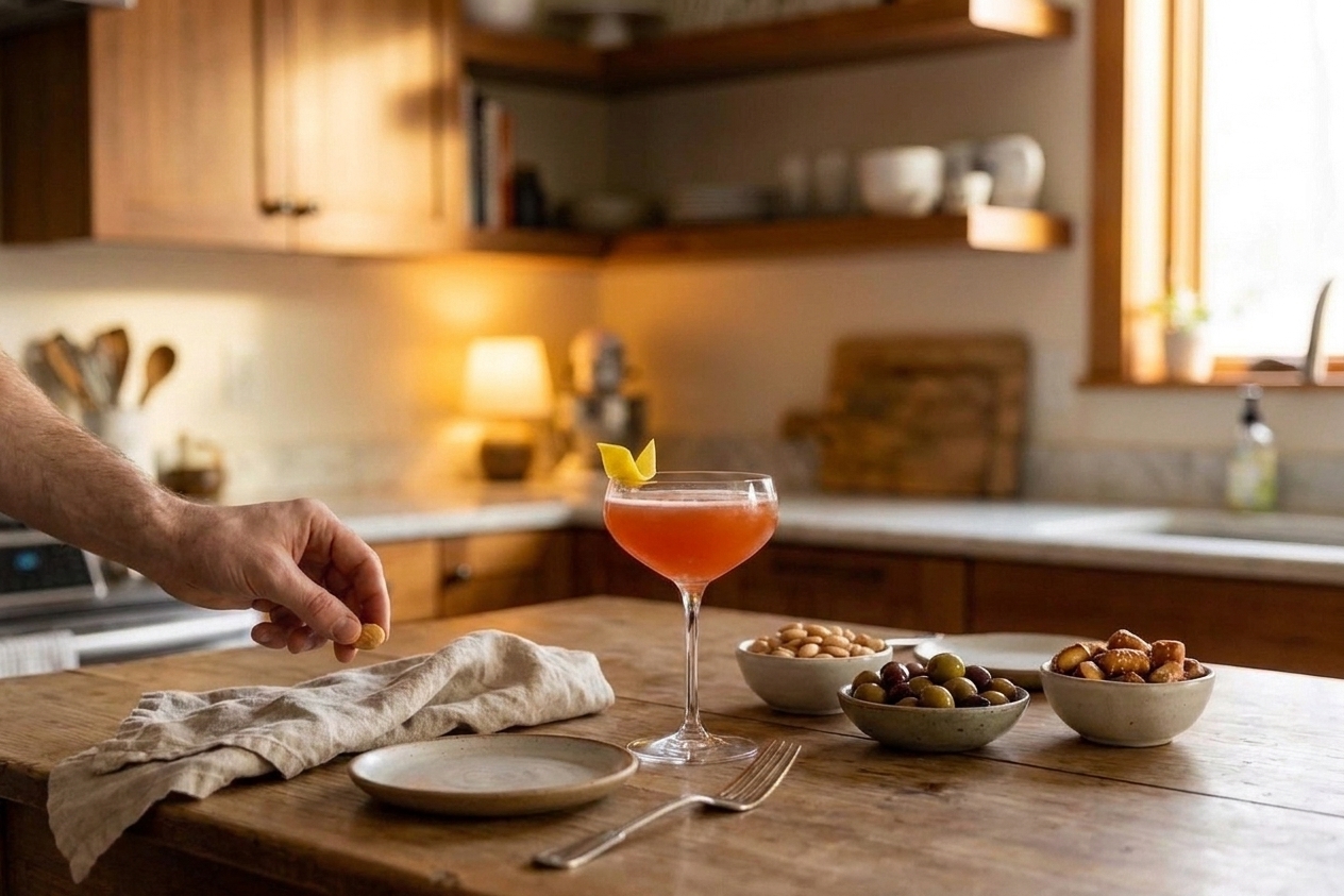 A Paper Plane cocktail in a coupe glass set on a simple dinner table with small snacks and linen napkins in soft evening light