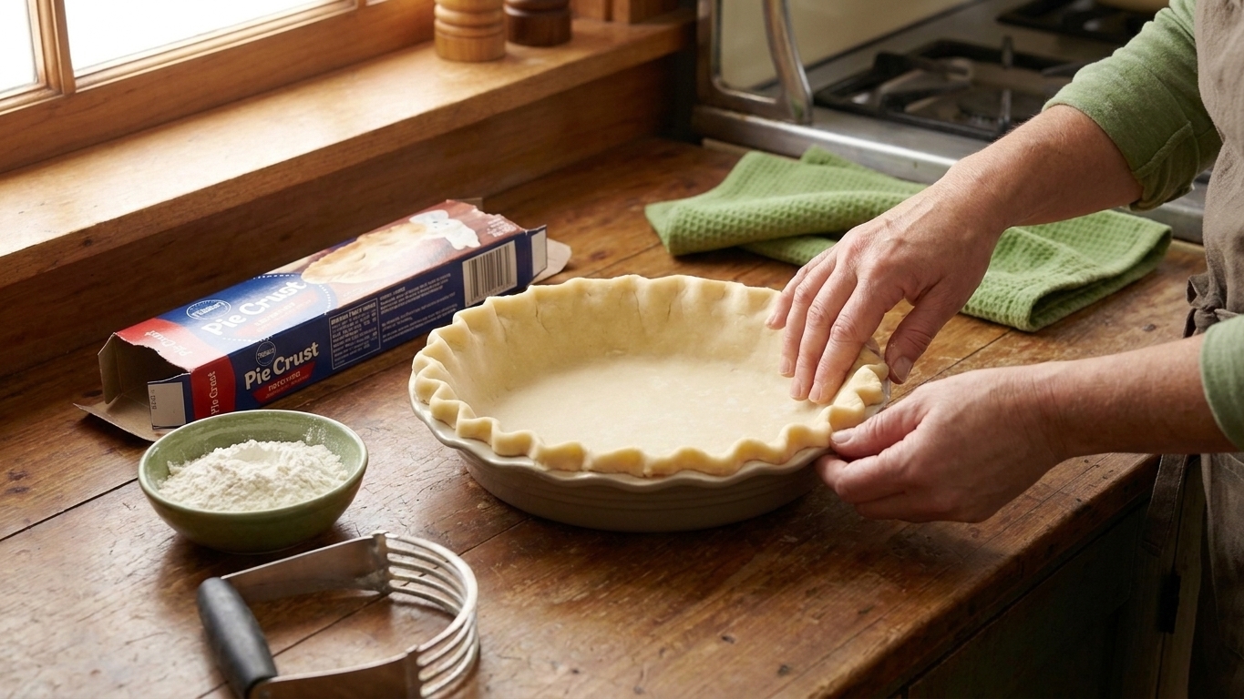 A Pillsbury pie crust pressed into a 9-inch pie dish on a wooden kitchen counter