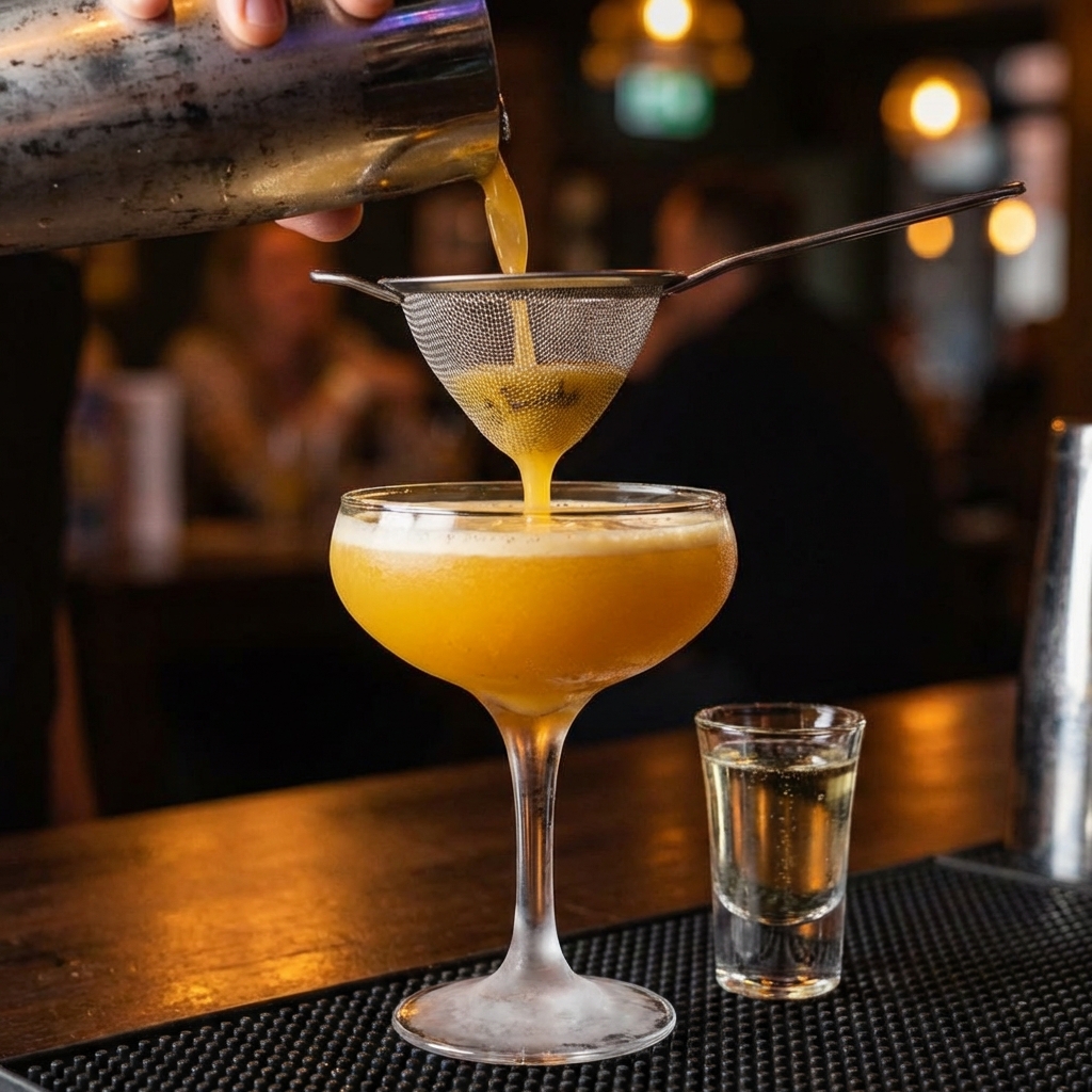 A Pornstar Martini being strained through a fine mesh strainer into a chilled coupe glass