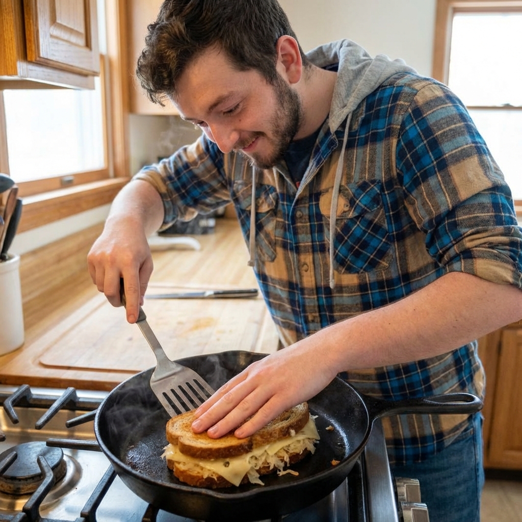 A Reuben sandwich toasting in a cast iron skillet with a spatula pressing it lightly