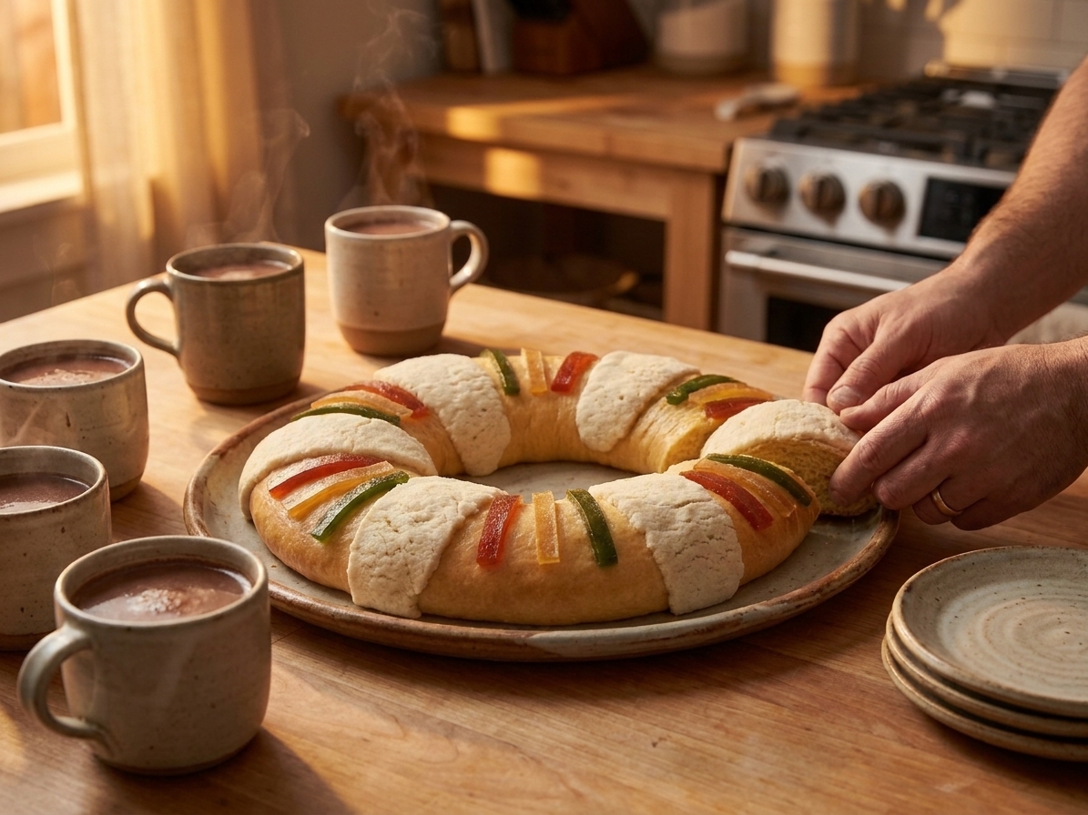 A Rosca de Reyes on a serving platter at a kitchen table with mugs of hot chocolate and small plates, warm evening lighting