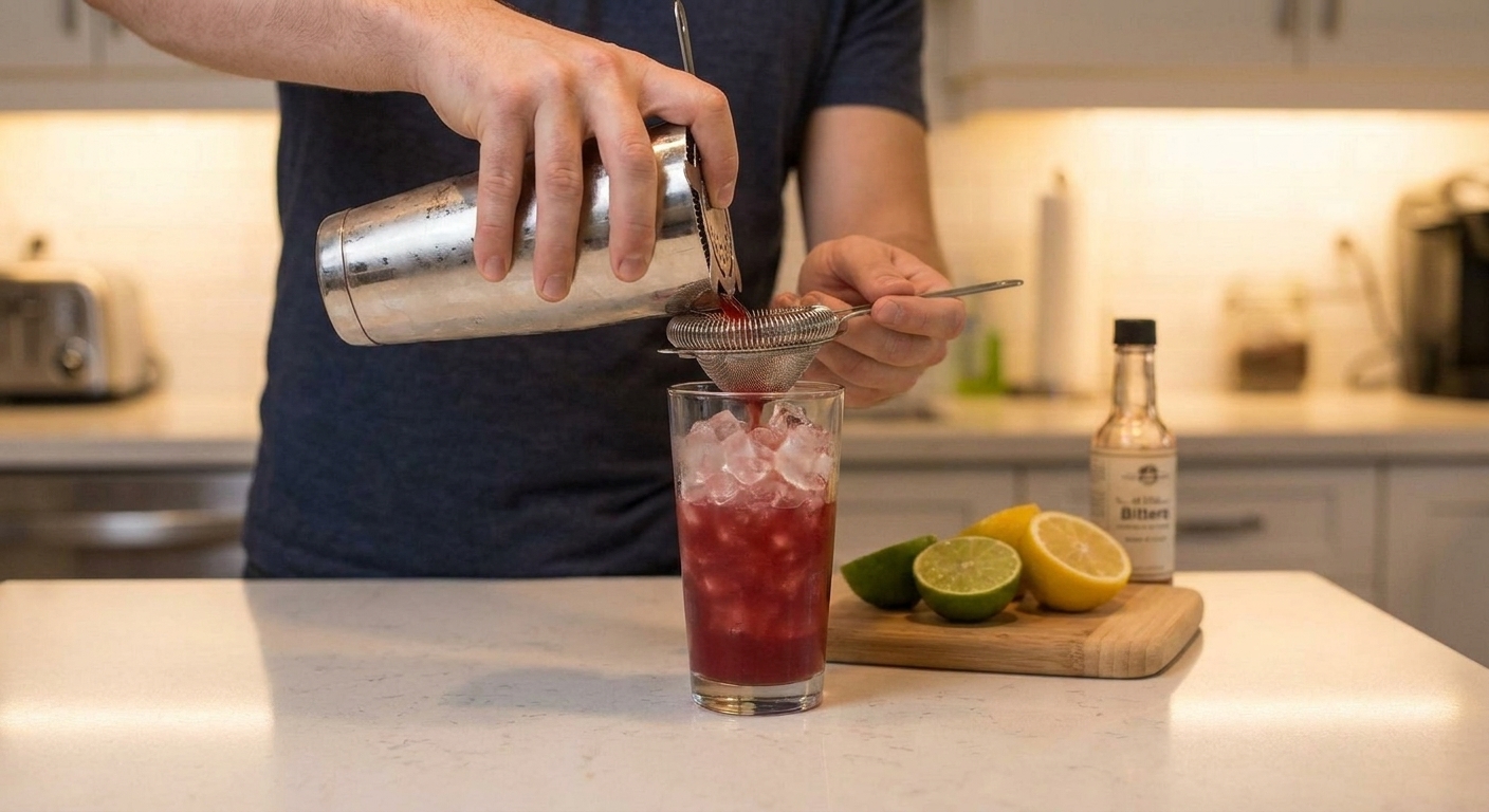 A Rum Runner cocktail being strained from a shaker into a glass filled with crushed ice on a warm-toned kitchen counter