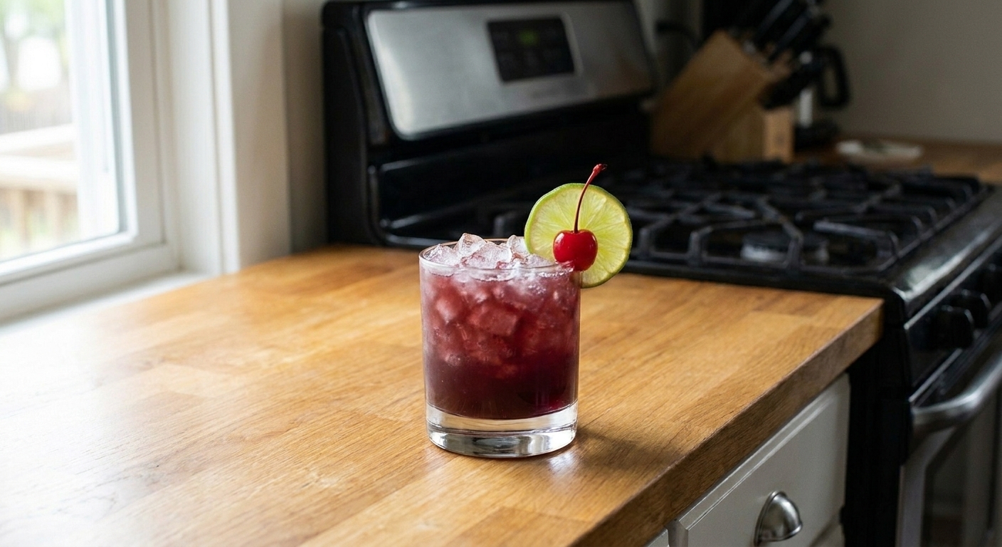 A Rum Runner cocktail in a rocks glass filled with crushed ice, garnished with a lime wheel and a maraschino cherry on a small pick, sitting on a warm wood kitchen counter with soft natural light