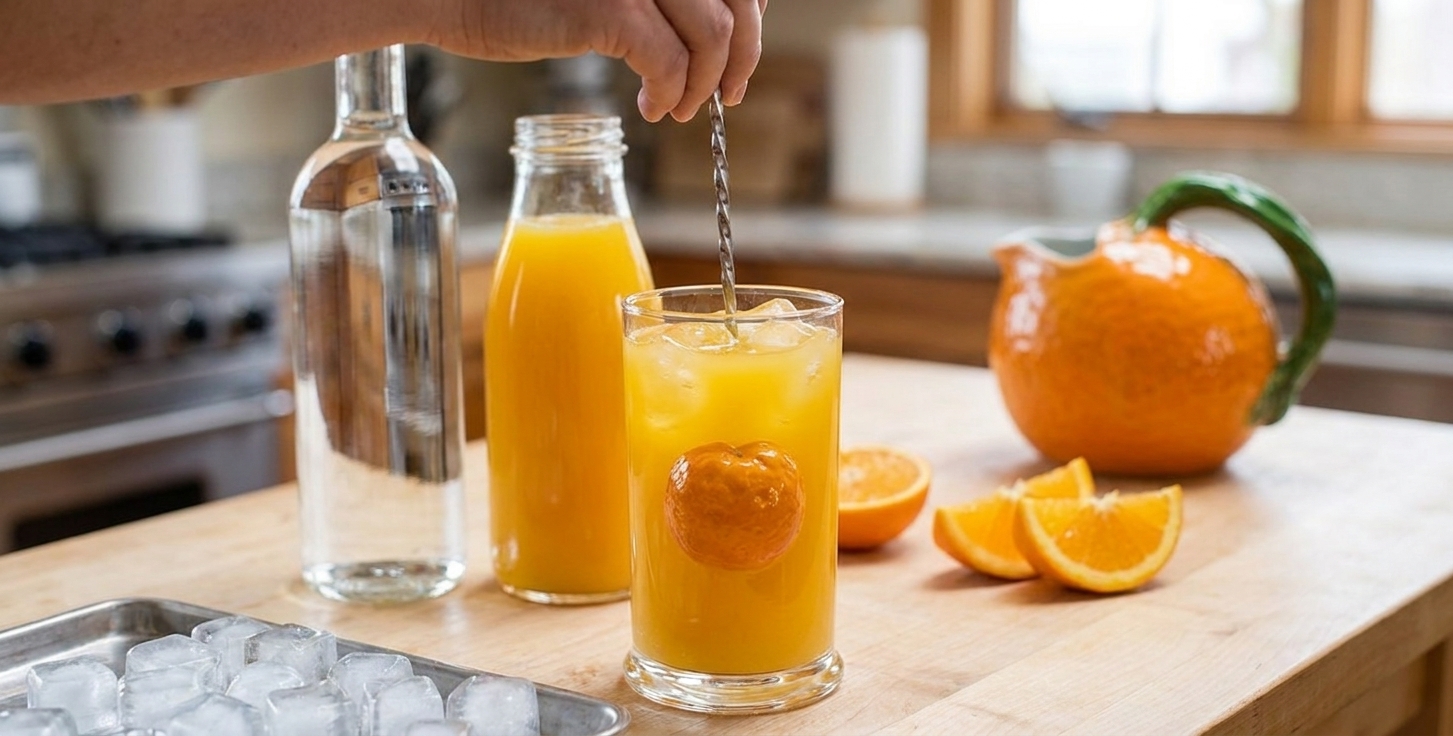 A Screwdriver being stirred in a highball glass with a long bar spoon, ice cubes and orange juice swirling on a kitchen counter
