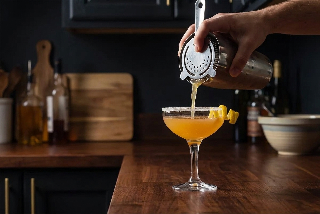 A Sidecar cocktail being strained from a shaker into a chilled coupe glass on a kitchen counter