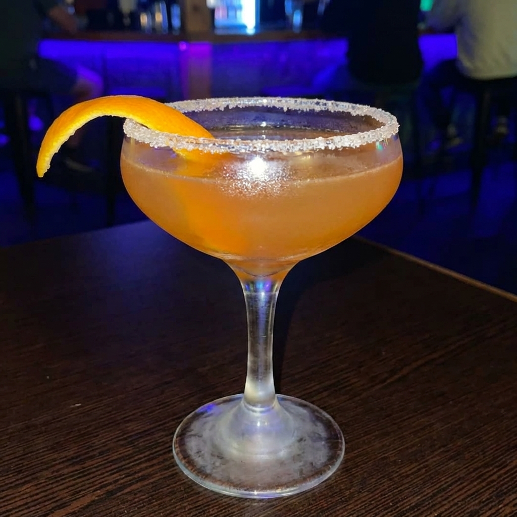 A Sidecar cocktail in a coupe glass with an orange twist garnish