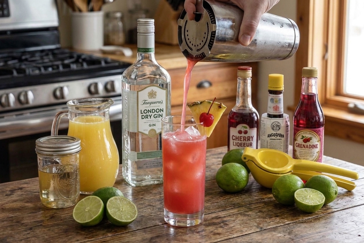 A Singapore Sling cocktail being strained from a shaker into a tall glass filled with ice on a home kitchen counter