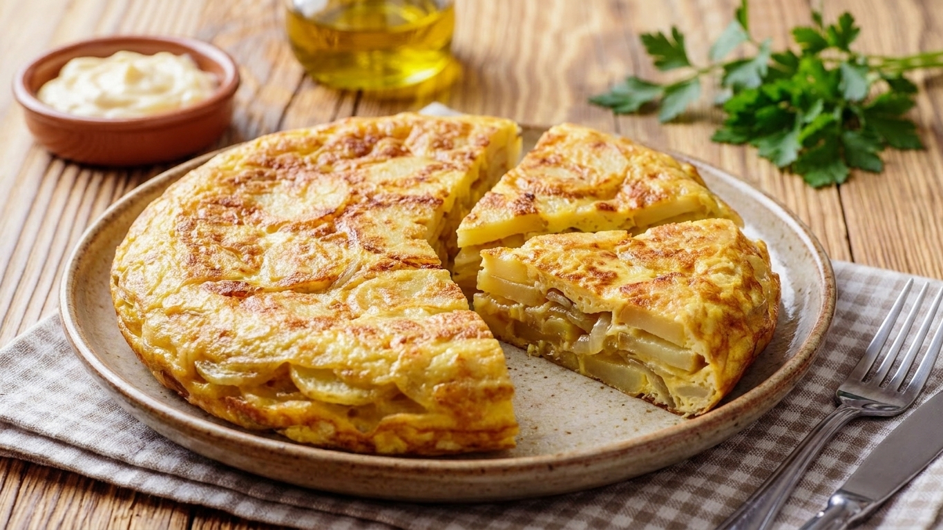 A Spanish tortilla cut into wedges on a serving plate, golden top, tender potato layers visible, set on a simple dining table