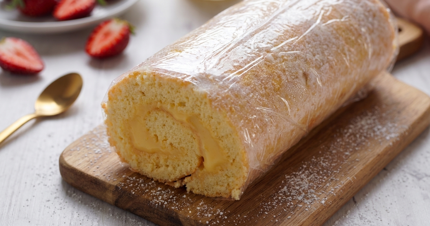 A Swiss roll wrapped tightly in plastic wrap and resting on a small cutting board in a home kitchen