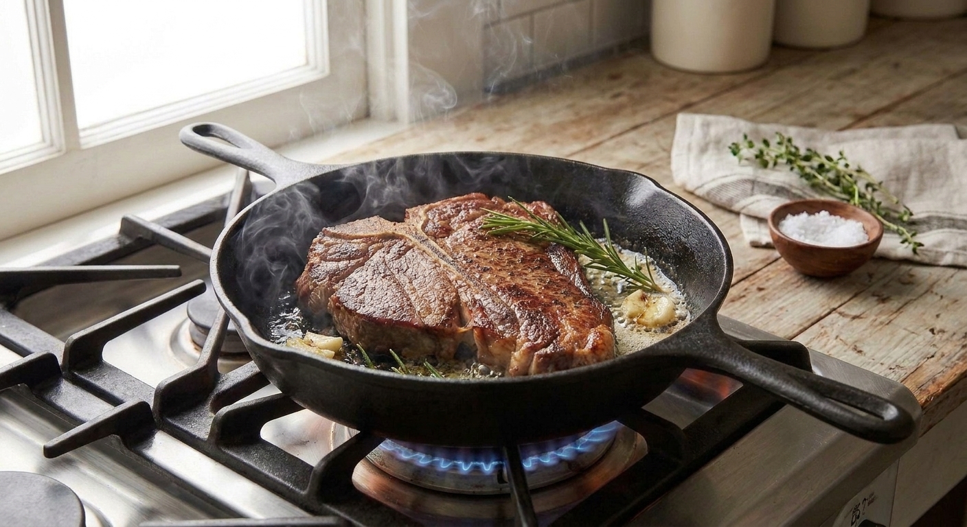 A T-bone steak searing in a cast-iron skillet with browned edges starting to form and light smoke rising