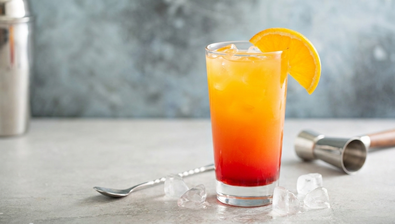 A Tequila Sunrise cocktail in a clear highball glass with ice, a vivid orange-to-red gradient from grenadine, and an orange slice garnish on a bright kitchen counter