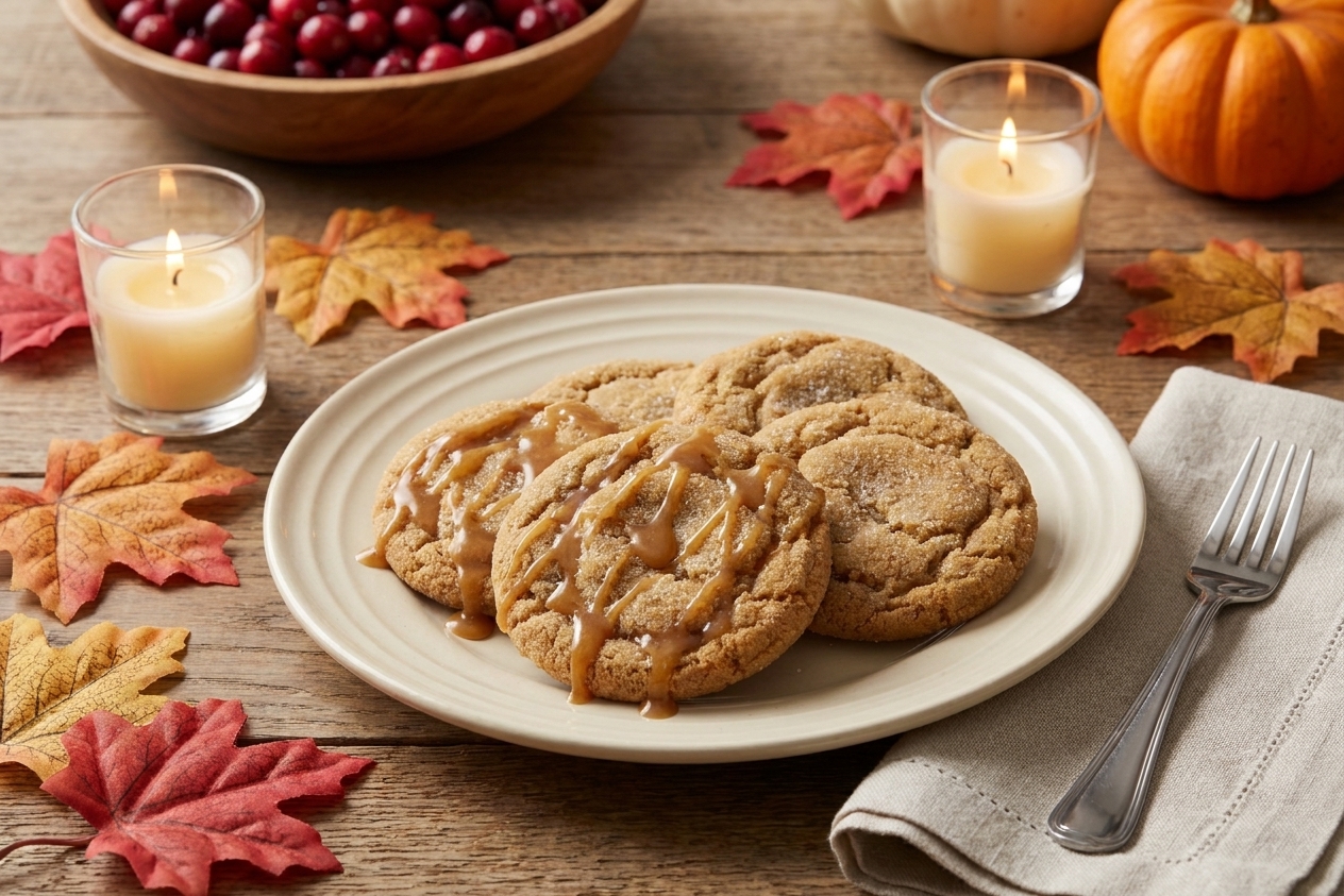A Thanksgiving table setting with a plate of spiced sugar cookies near autumn leaves and warm candles in the background