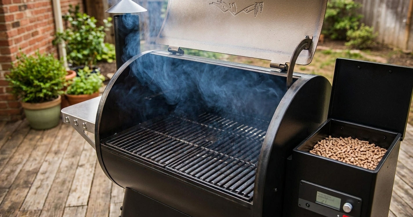 A Traeger pellet grill preheating with the lid open, grill grates visible on a backyard patio