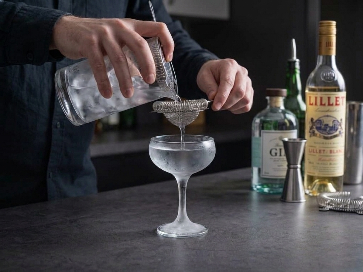A Vesper martini being strained from a mixing glass into a chilled coupe