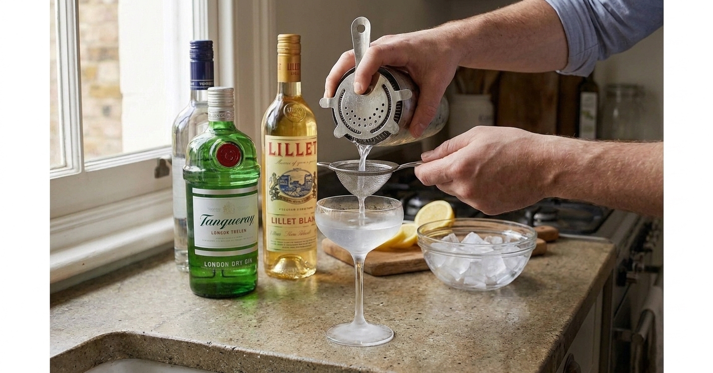A Vesper martini being strained from a shaker into a chilled coupe glass on a stone countertop