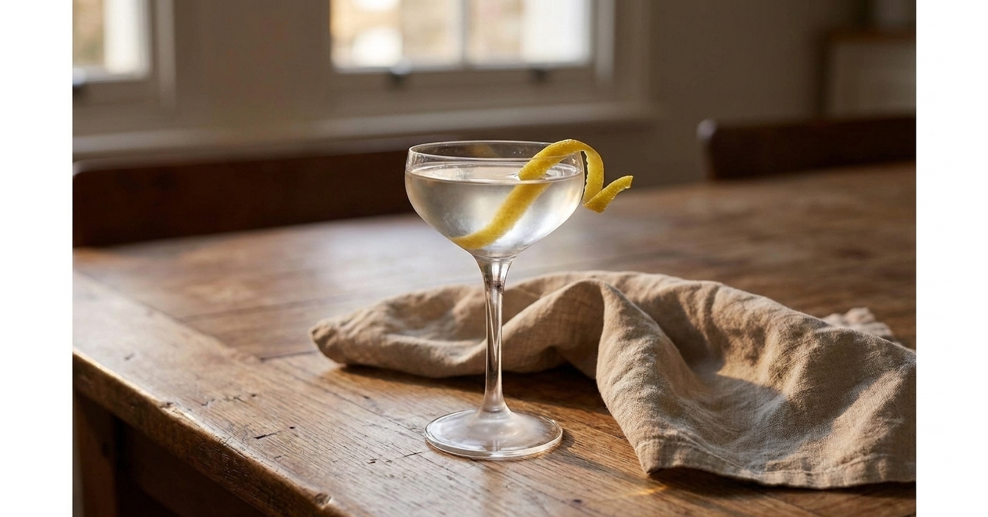 A Vesper martini in a coupe glass on a simple dinner table setting with a linen napkin and soft evening light