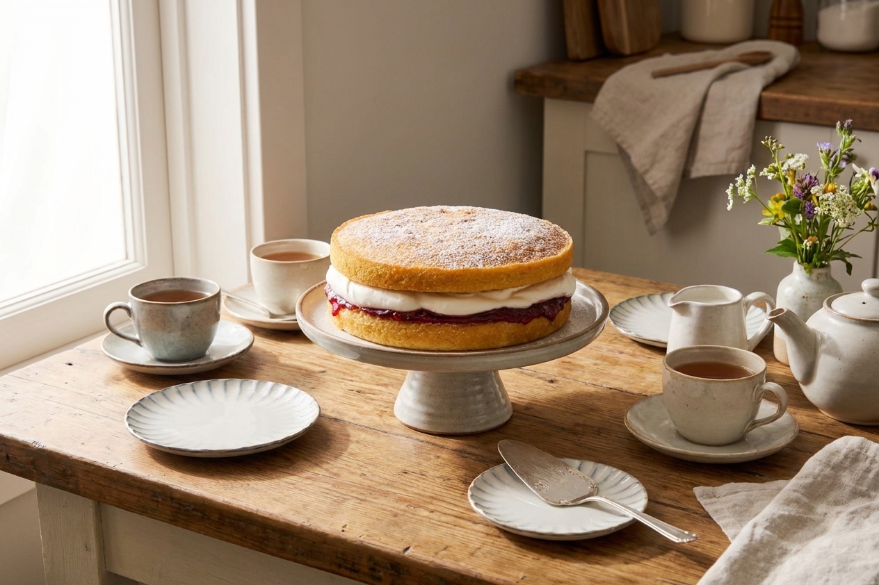 A Victoria sponge cake on a cake stand set on a simple tea table with cups, a teapot, and small plates in soft natural light