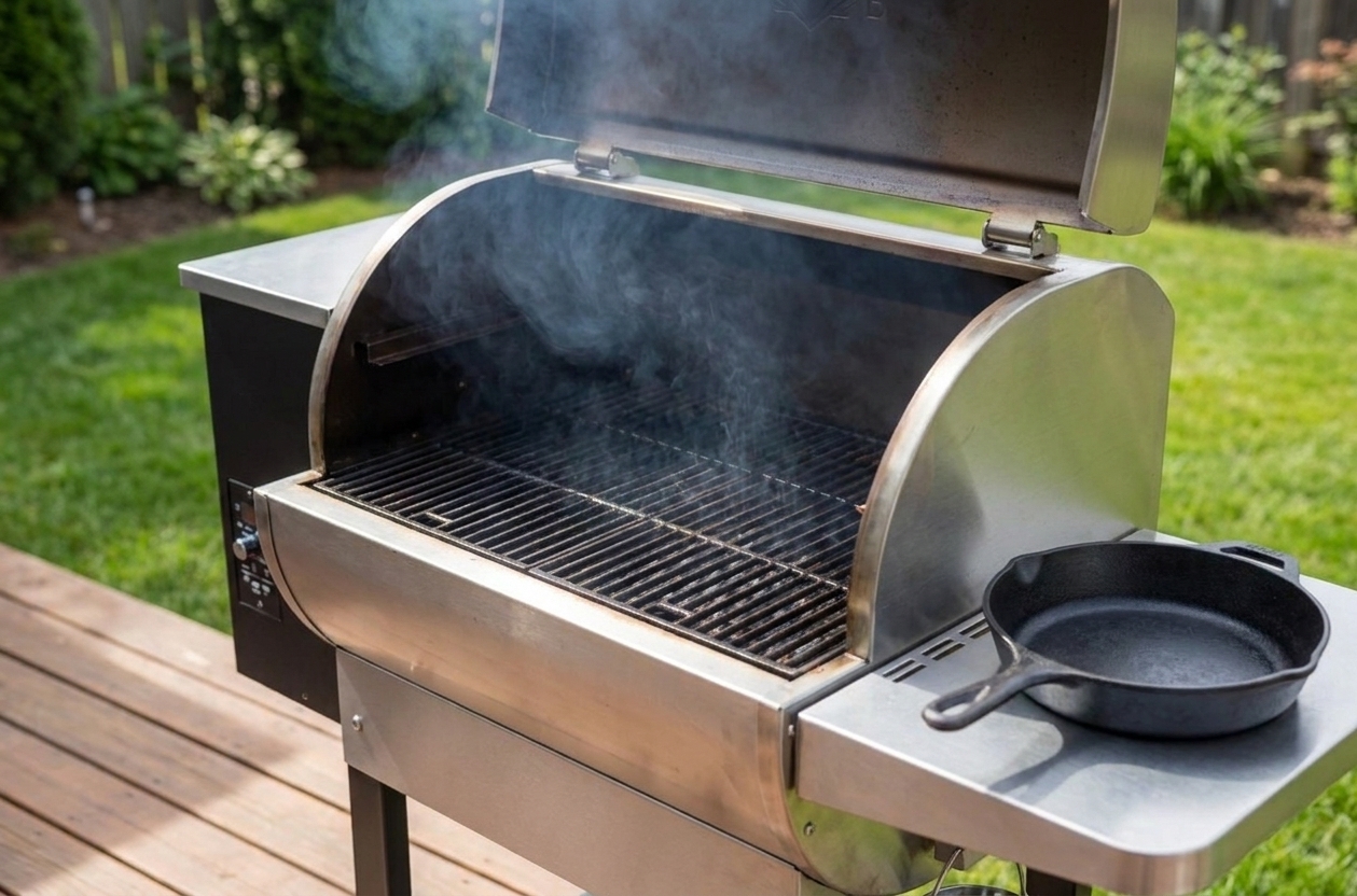 A backyard pellet grill preheating with the lid open, showing a clean grate ready for a cast iron skillet