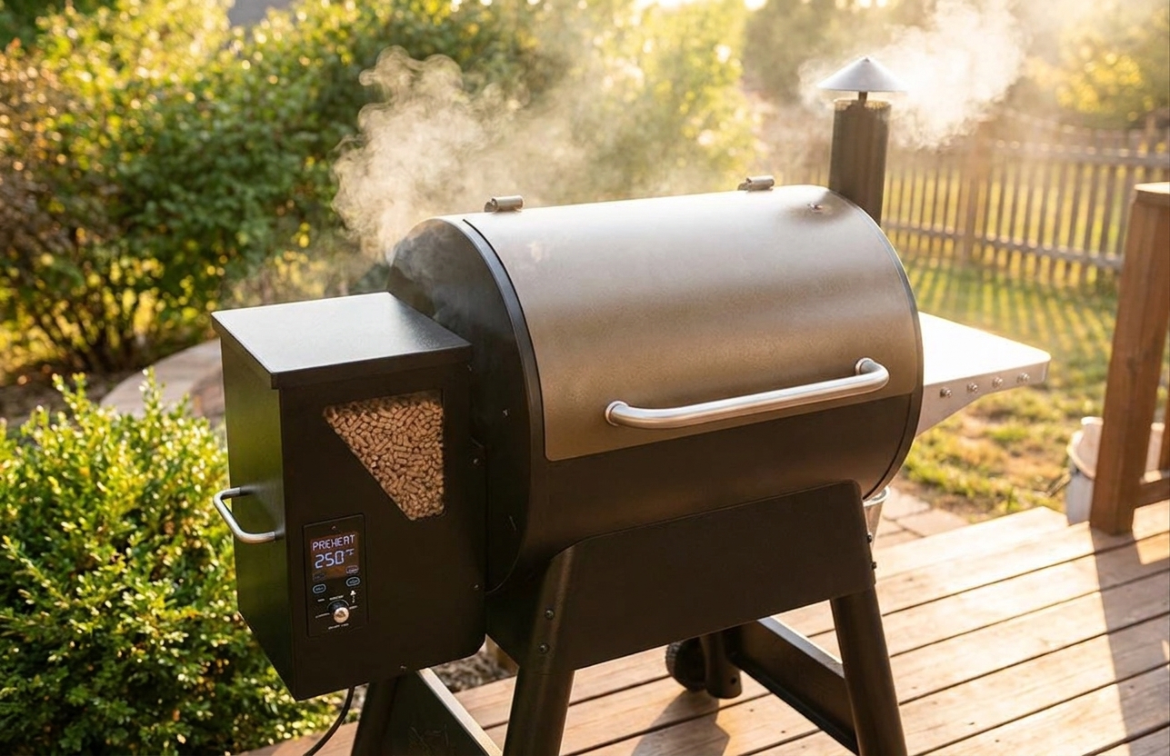 A backyard pellet grill preheating with the temperature set around 250 degrees, lid closed, afternoon light
