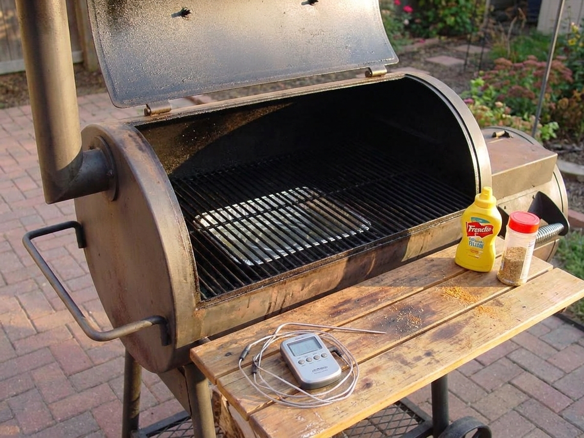 A backyard smoker with the lid open and a thermometer nearby on an outdoor prep table, ready for low and slow cooking