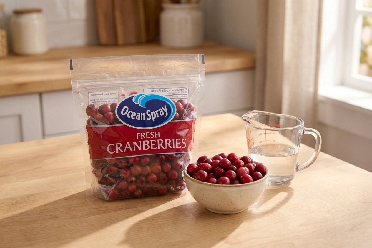A bag of Ocean Spray fresh cranberries on a kitchen counter next to a bowl and measuring cup