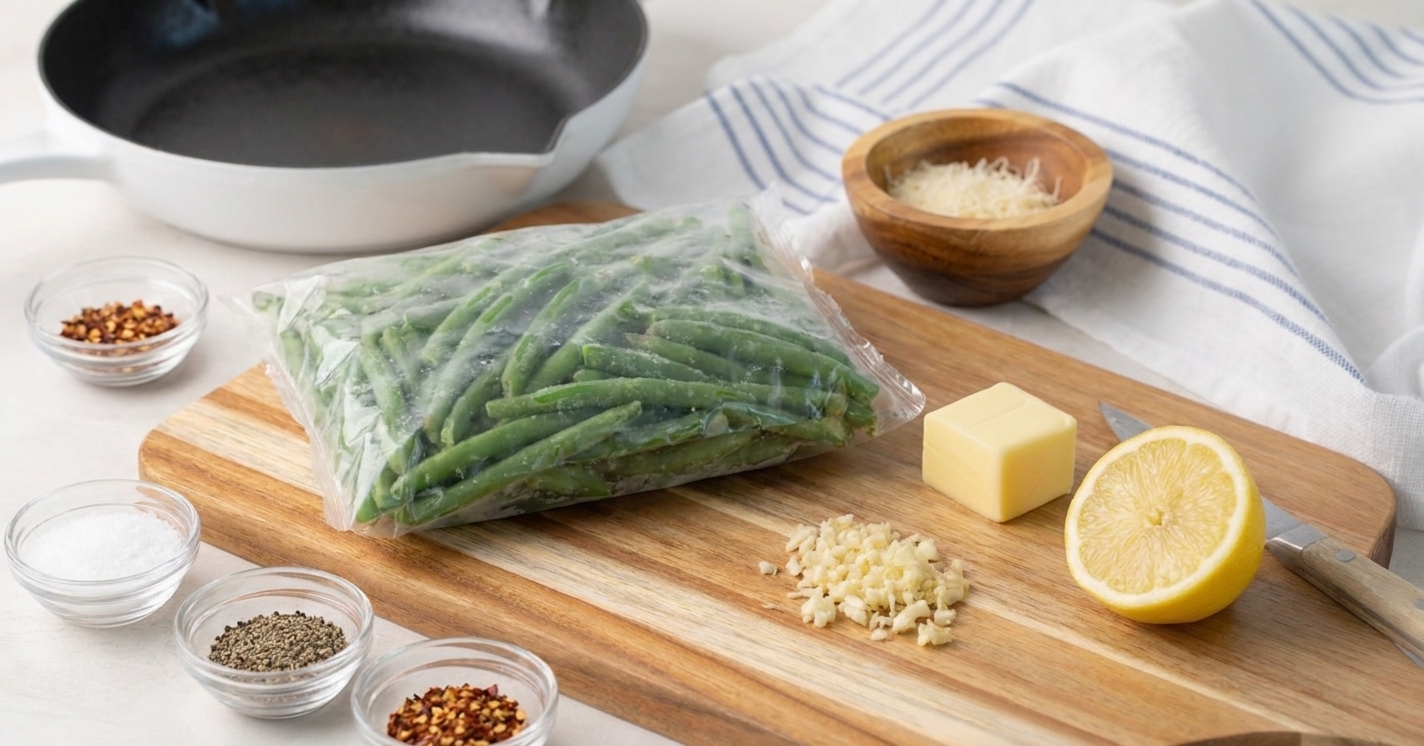 A bag of frozen green beans on a kitchen counter next to butter, garlic cloves, a lemon, grated Parmesan, salt, pepper, and red pepper flakes