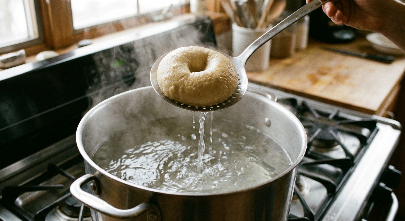 A bagel being lifted from simmering water with a slotted spoon, water dripping back into the pot