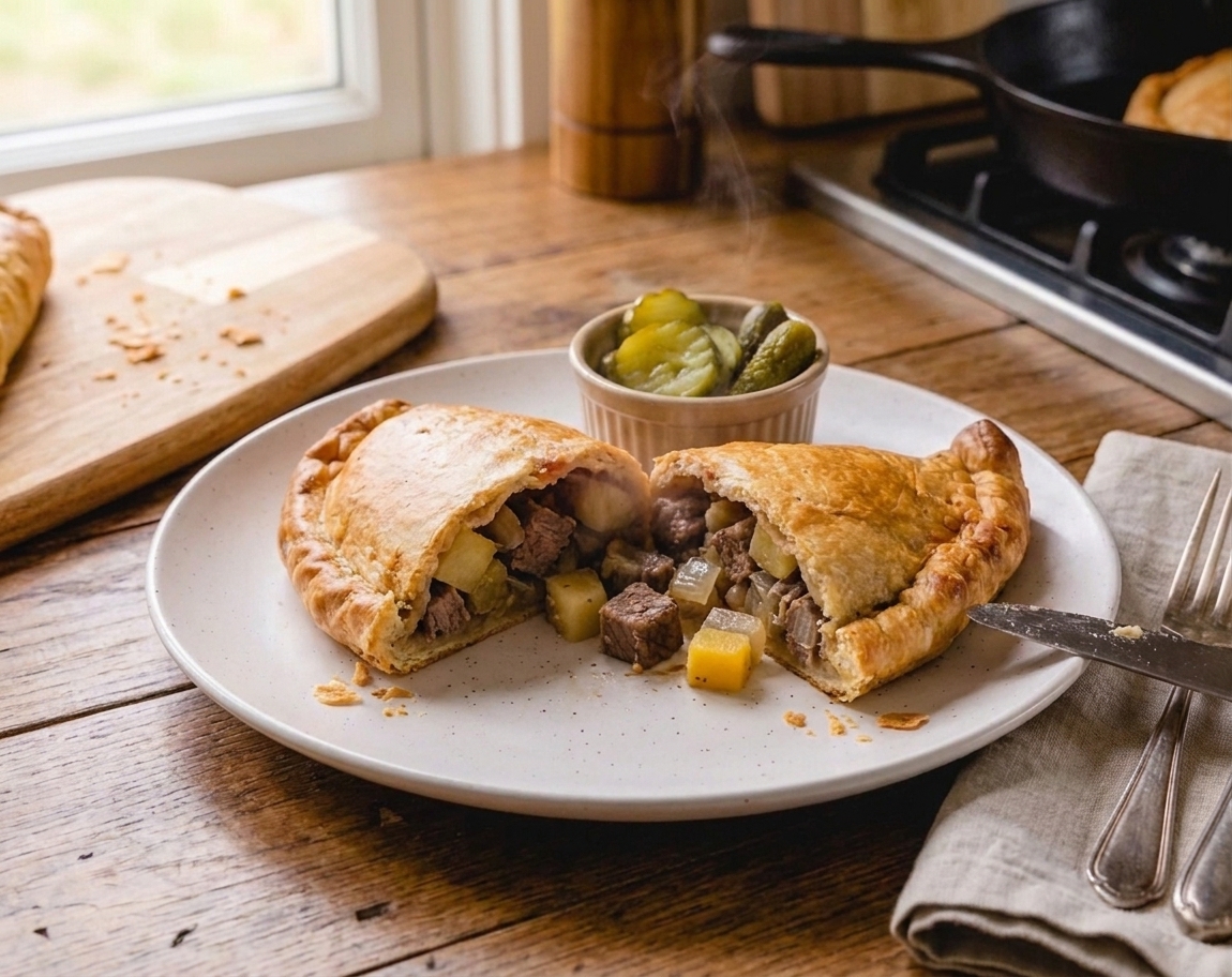A baked Cornish pasty cut open to show tender beef, potato, rutabaga, and onion inside a flaky crust