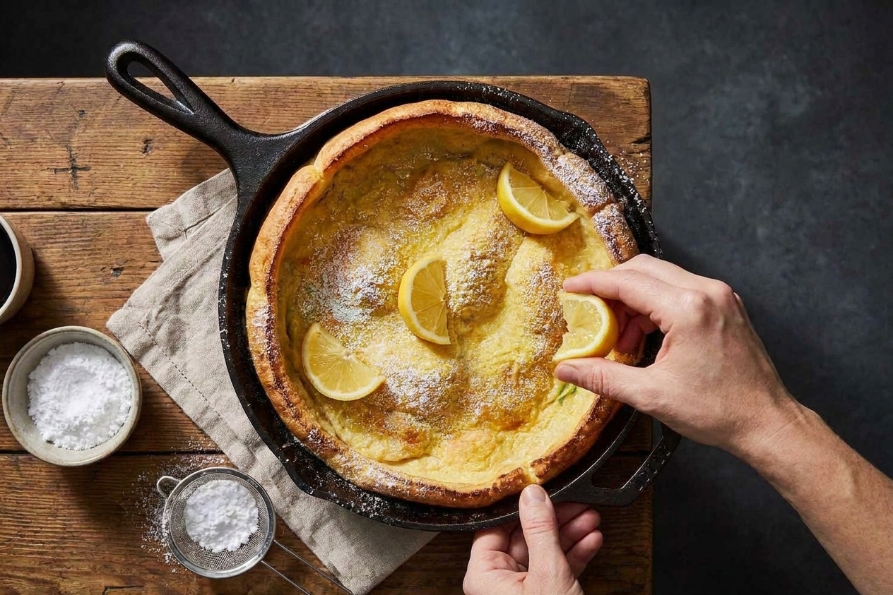 A baked Dutch baby pancake in a cast iron skillet topped with powdered sugar and lemon wedges on a wooden table setting