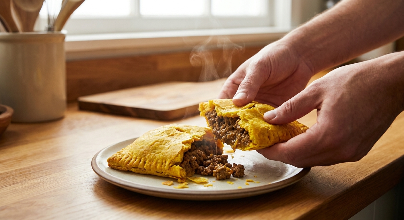 A baked Jamaican patty being broken open, showing flaky yellow pastry layers and steaming spiced beef filling