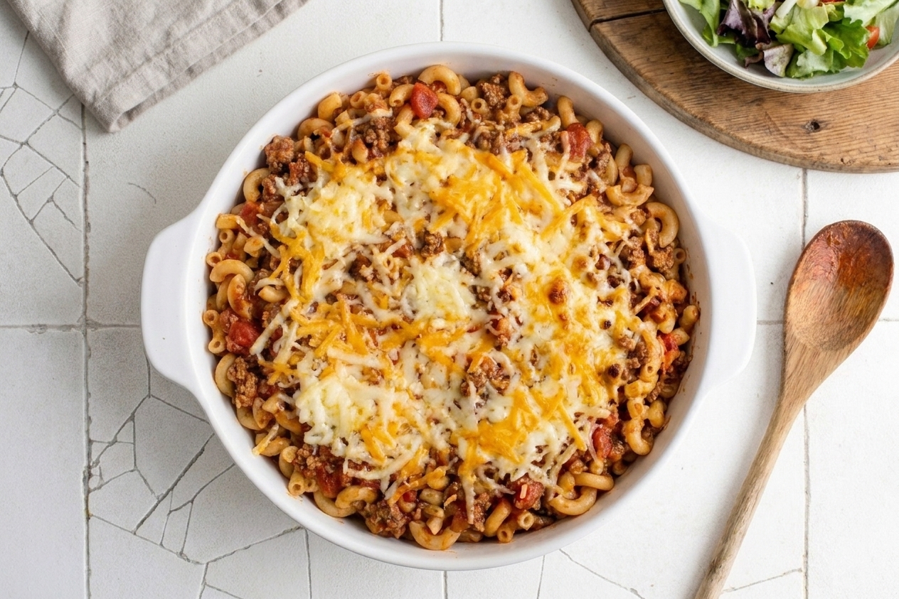 A baked Johnny Marzetti casserole in a ceramic baking dish with a golden, bubbly cheese top on a warm kitchen counter