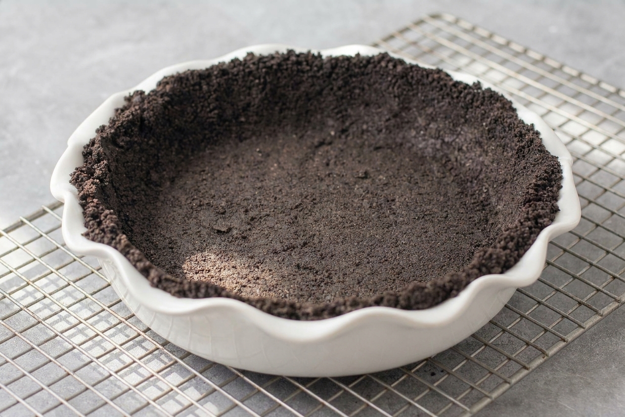 A baked Oreo crust in a pie dish cooling on a wire rack on a kitchen counter