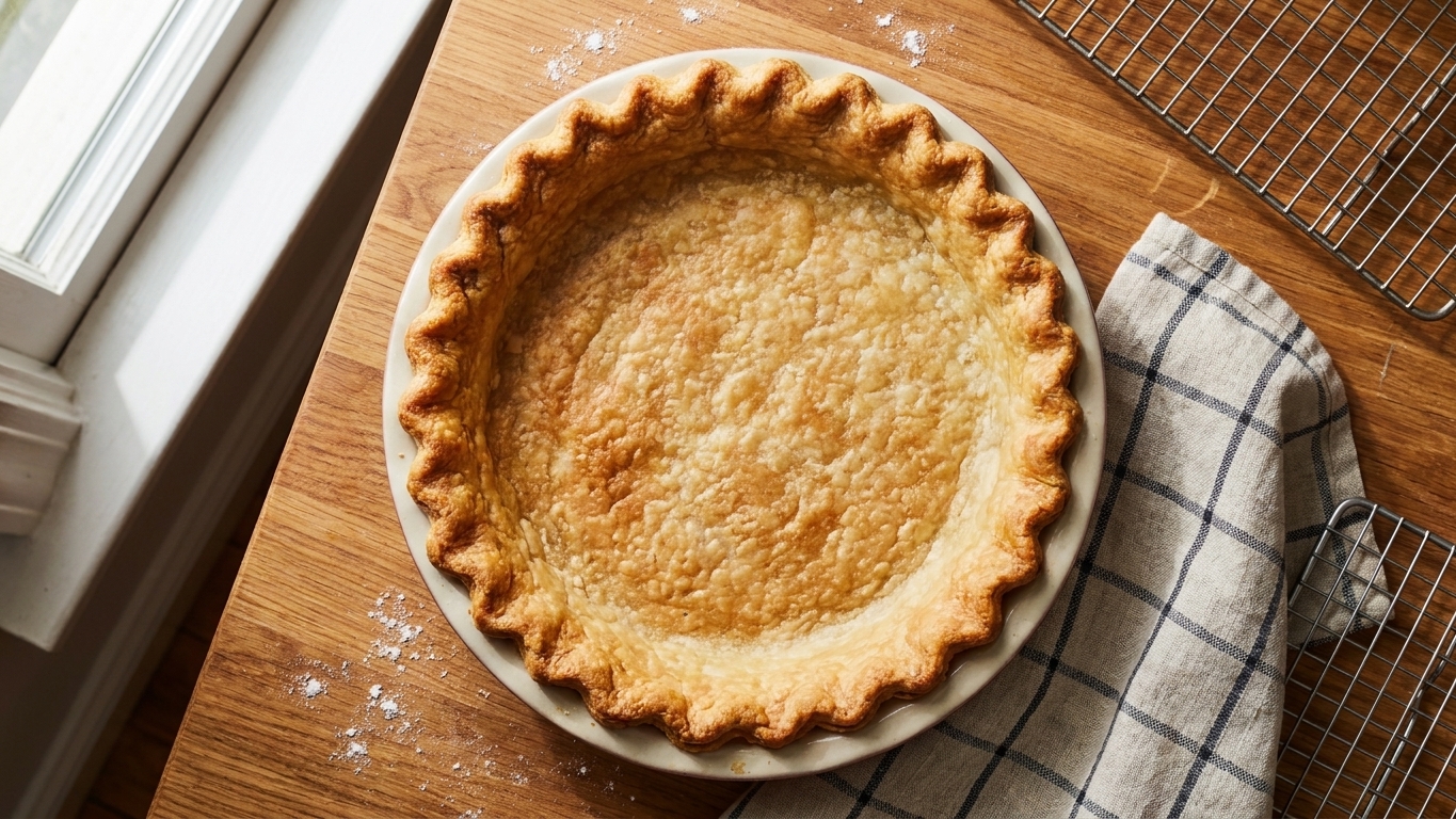 A baked all-butter pie crust with golden, flaky edges on a simple ceramic pie plate on a warm kitchen table