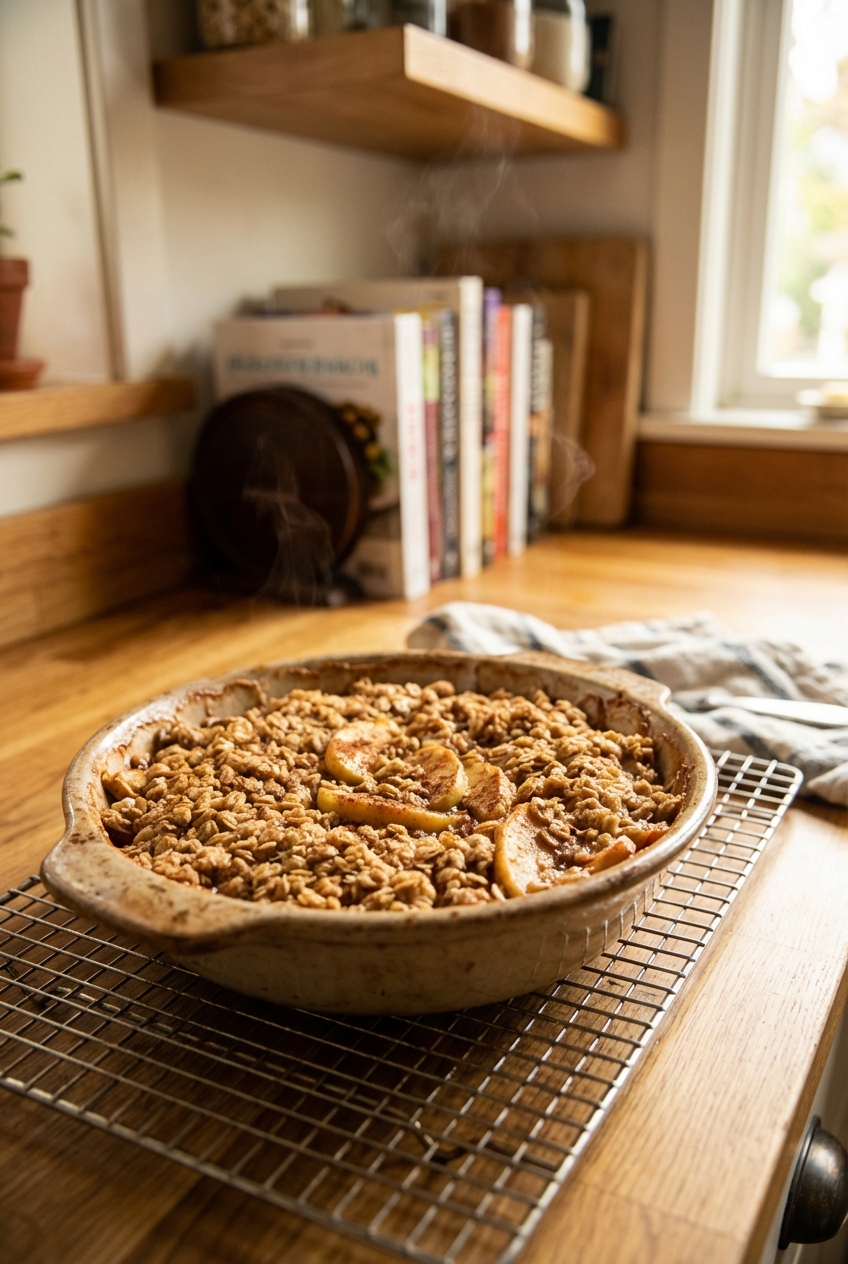 A baked apple crisp in a ceramic dish cooling on a wire rack on a kitchen counter