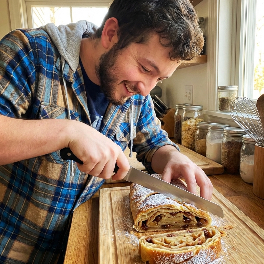 A baked apple strudel being sliced with a serrated knife, showing flaky layers and spiced apple filling