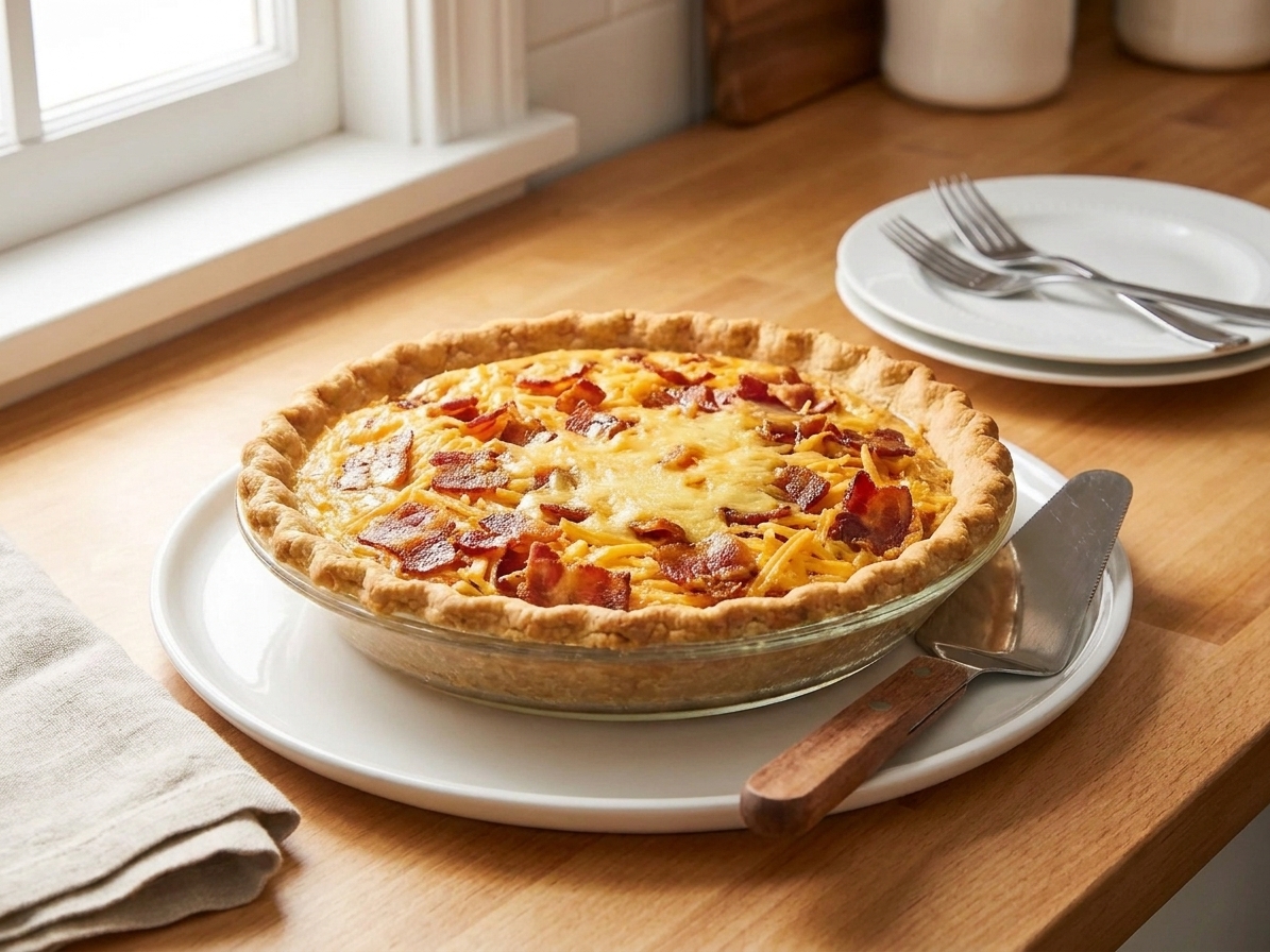 A baked bacon quiche on a serving plate with a pie server beside it, set on a simple brunch table with plates and forks