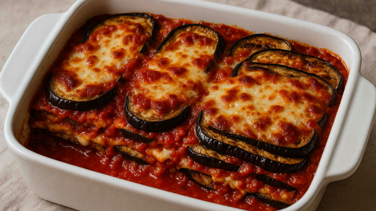 A baked brinjal lasagna in a ceramic casserole dish with bubbling mozzarella, browned edges, and fresh basil on top, sitting on a warm-toned kitchen counter