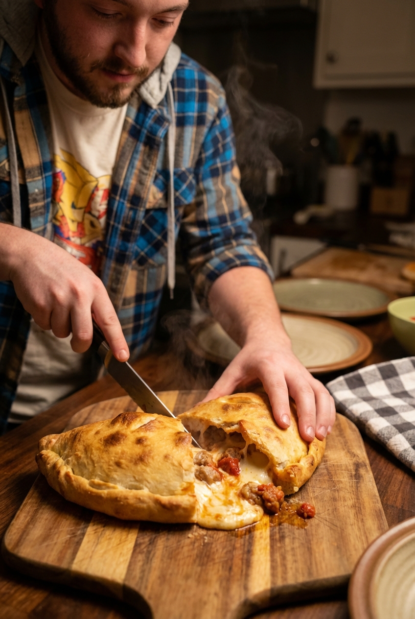 A baked calzone being cut open with melted cheese and sausage filling visible
