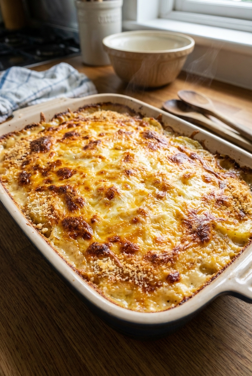 A baked casserole dish of cheesy potatoes resting on a countertop with a golden crust and bubbling edges