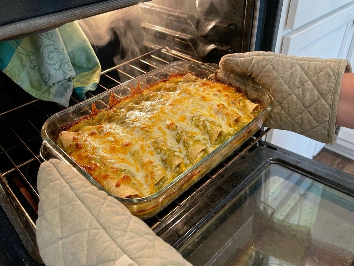A baked casserole dish of green enchiladas with melted cheese and browned edges being pulled from the oven with oven mitts