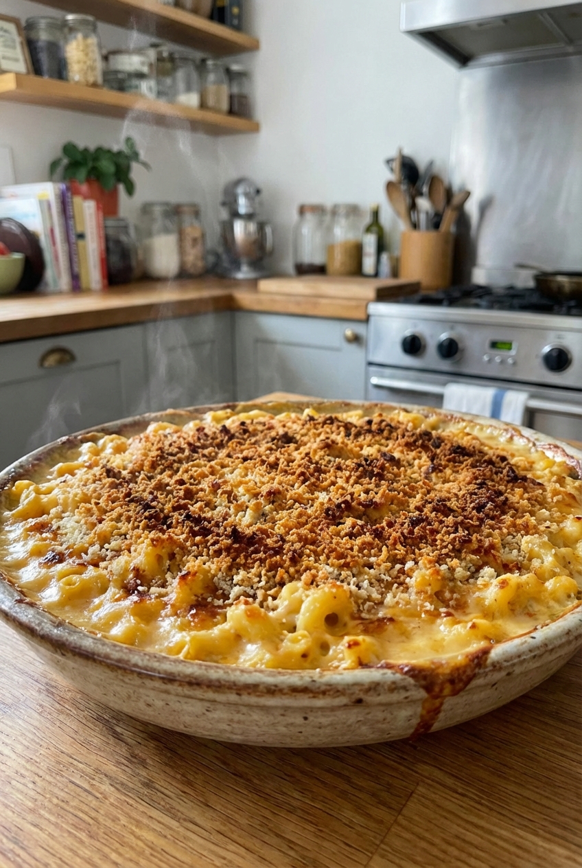 A baked casserole dish of mac and cheese with a browned top