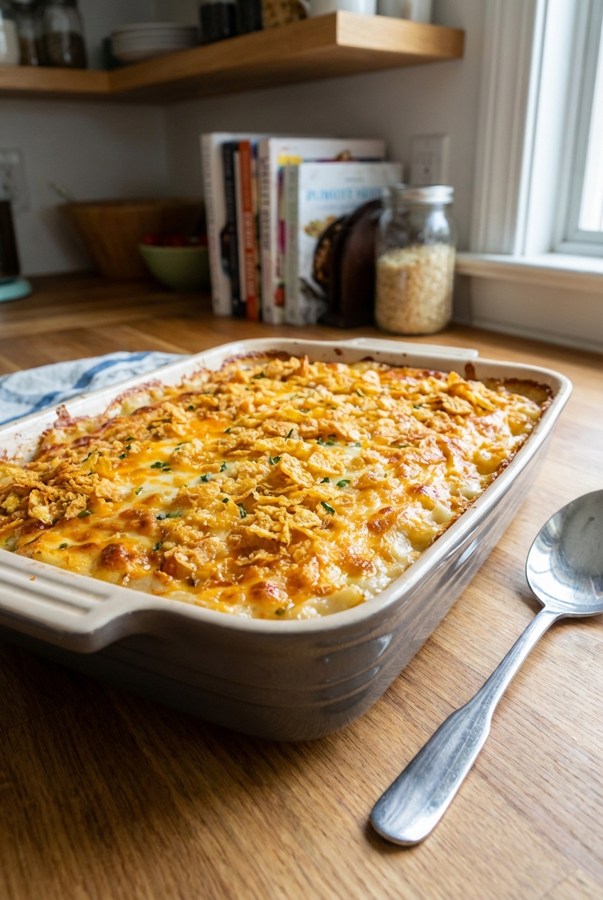 A baked casserole dish of modern funeral potatoes cooling on a counter with a serving spoon nearby